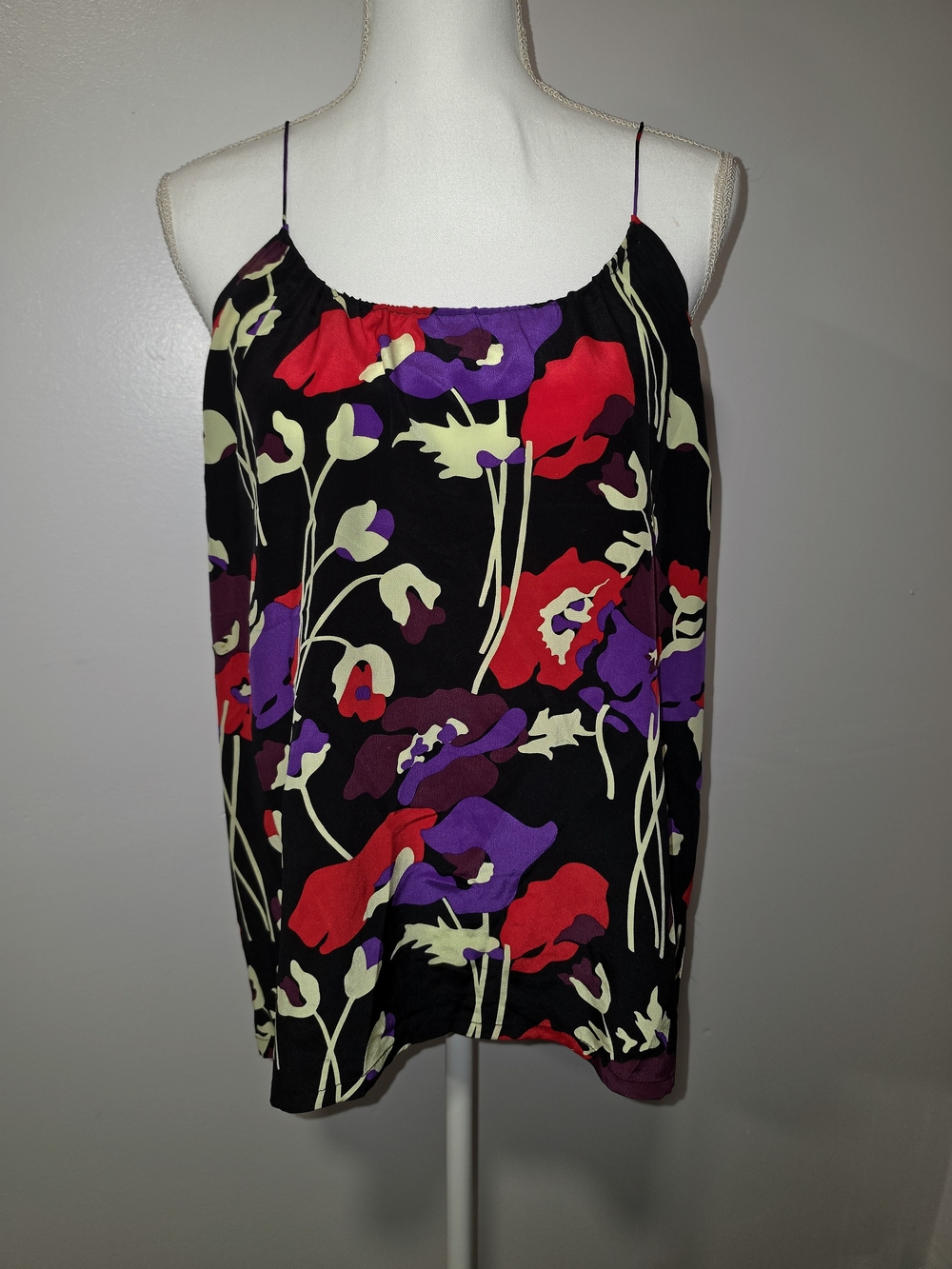 Tucker 100% Silk Black Spaghetti-Strap Camisole With Floral Print Size Medium